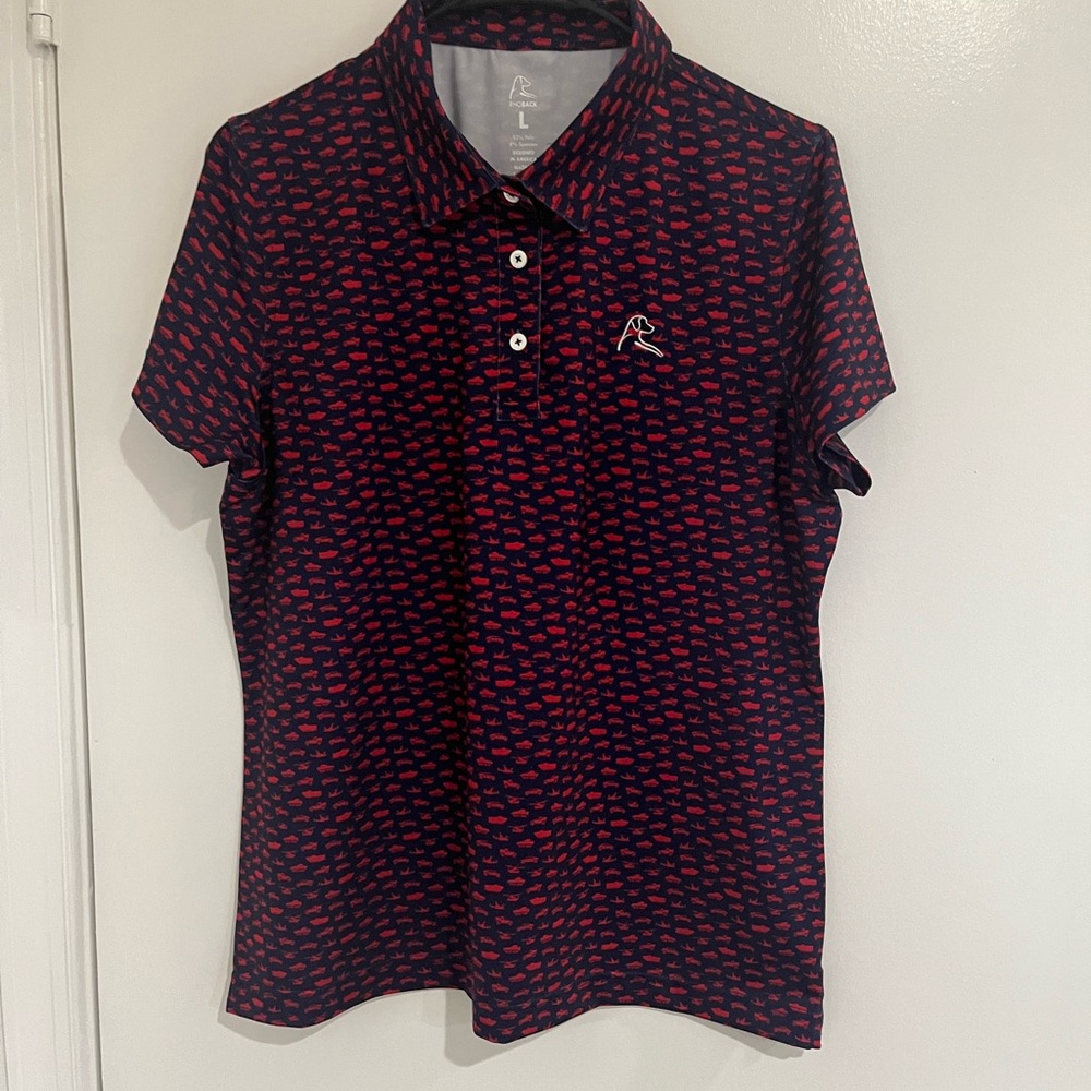 Rhoback Women’s Polo Shirt L Navy Red Print Performance Golf Preppy Country Club - Picture 2 of 6